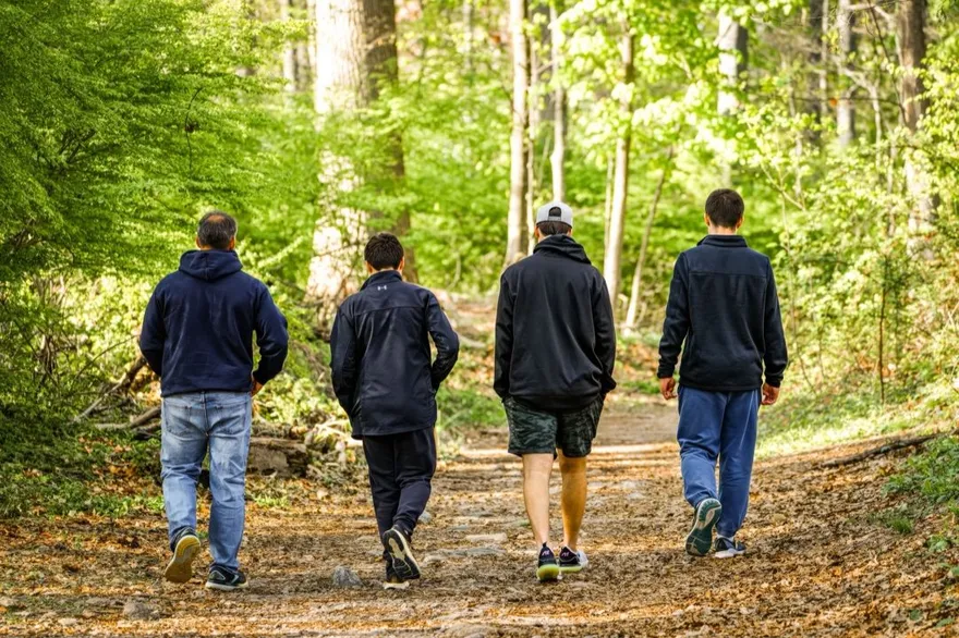 Vier mensen wandelen samen over een bospad